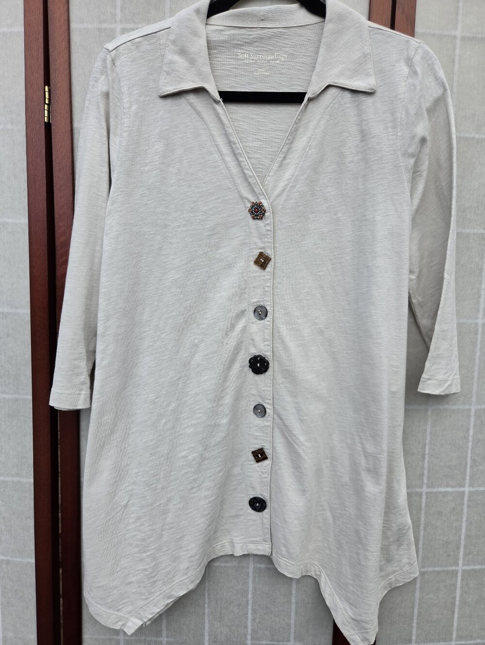 Soft Surroundings Lagenlook Cotton Mismatched Button Tunic Top Beige Boho Small